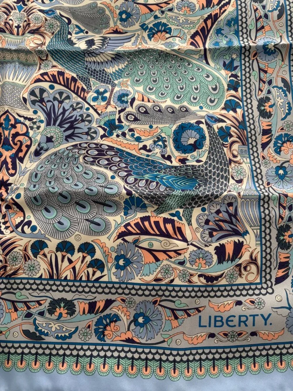 Liberty London Blue Silk Scarf Adorned with Peacocks - Never Worn